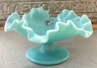 Vintage Fenton Aqua Blue Milk Glass Footed Compote Ruffled Edge FABULOUS 2