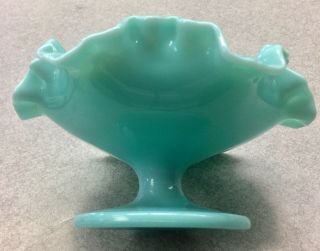 Vintage Fenton Aqua Blue Milk Glass Footed Compote Ruffled Edge FABULOUS 4