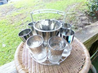 Vintage Mercury Glass Barware Set - Ice Bucket - 8 Matching Glasses And Rack