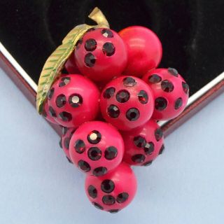 Vintage Brooch 1940s Fuchsia Pink Celluloid Red Crystal Grapes Bridal Jewellery