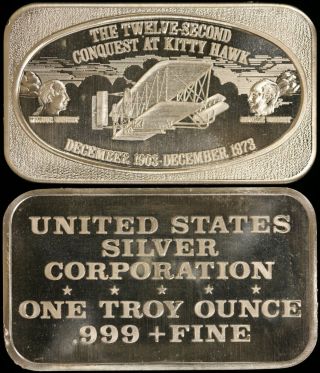 1973 1oz.  999 Silver Vintage Art Bar - Conquest At Kitty Hawk - Ussc
