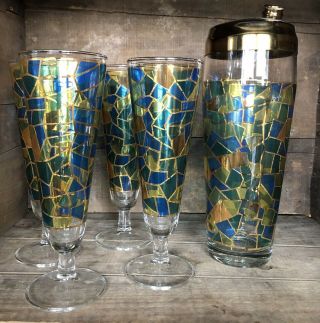 Vintage Set Of 4 Tall Cocktail Glasses And Shaker Gold Blue Green Mcm Barware