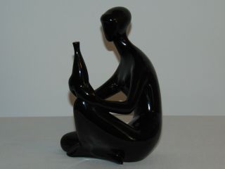 Vintage Art Deco Czech Bohemian Royal Dux Black Porcelain Figurine Lady & Vase