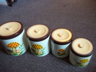 Vintage Canister Set Four Piece And Lids Mushrooms Sears And Roebuck 1970s
