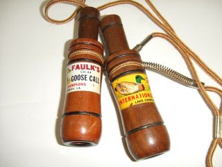 2 Vintage Faulks Wooen Game Calls W/ Lanyard Ch - 44 Goose Call & Wa - 33 Duck Call