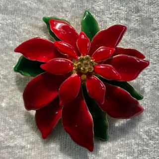 Vintage Enamel Poinsettia Flower Pin Brooch Red Green Rhinestone Crystal