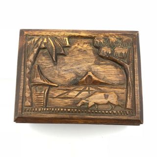 Vintage Hand Carved Wooden Jewelry Box 1980 