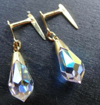 Vintage 375 9ct Gold Ab Glass Bead Dangle Drop Pierced Earrings - H78