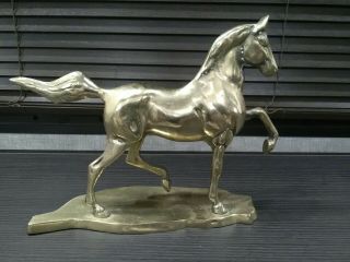 Vintage Brass Color Metal Prancing Horse Statue On Base 10 3/4 " Long 7 3/4 " Tall