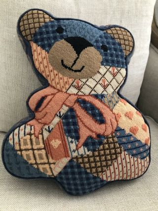 Vintage Needlepoint Pillow Teddy Bear
