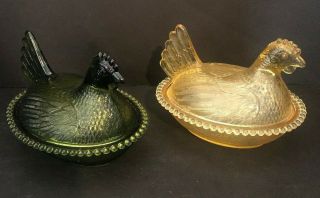 2 Vintage Indiana Green & Yellow Glass Chicken Hen On A Nest Candy Dish 8 "