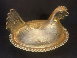 2 VINTAGE INDIANA GREEN & YELLOW GLASS CHICKEN HEN ON A NEST CANDY DISH 8 