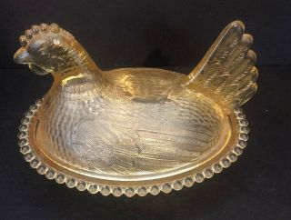 2 VINTAGE INDIANA GREEN & YELLOW GLASS CHICKEN HEN ON A NEST CANDY DISH 8 