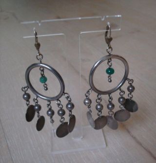 Vintage 925 Sterling Silver Dangle Earrings Jade Bells Long Pierced Bollywood