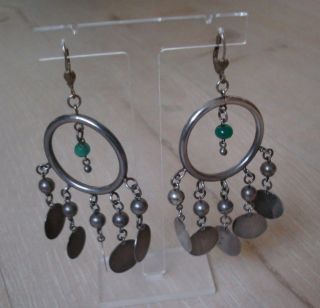 Vintage 925 Sterling Silver Dangle Earrings Jade Bells Long Pierced Bollywood 2