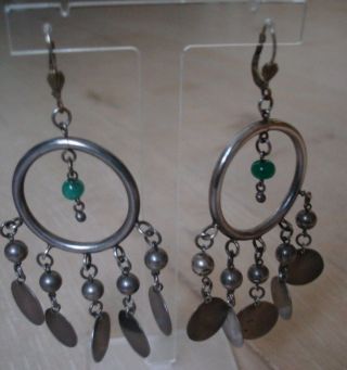 Vintage 925 Sterling Silver Dangle Earrings Jade Bells Long Pierced Bollywood 3