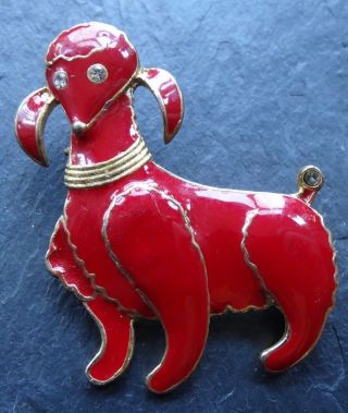 Vintage Bright Red Enamel Kitsch Poodle Dog Brooch Gold Tone 1960s Style - A216