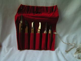 Set Of 6 Vintage Amt Wood Handled Carving Knife Chisel Tools In Red Pouch