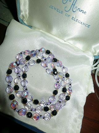 Fabulous Vintage Lilac Aurora Borealis And Black Glass Necklace