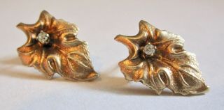 Vintage 14k Yellow Gold & Diamond Art Nouveau Leaf Design Post Earrings