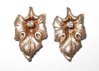 Vintage 14K Yellow Gold & Diamond Art Nouveau Leaf Design Post Earrings 3