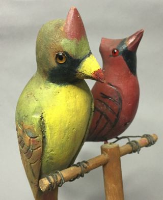 Vtg Folk Art Carved Wood Birds Glass Eyes Old Paint Cardinal & Parrot Type Bird