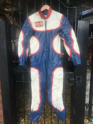 Vtg Retro Interstate Leathers Blue Red & White Leather Racing Motorbike Suit 36 "
