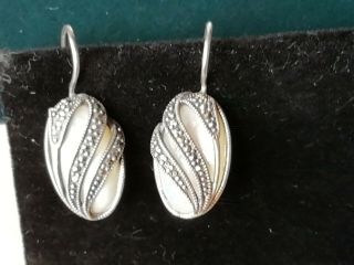 Vintage Jewellery 925 Silver Marcasite And Mop Earrings For Pierced Ears
