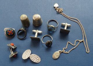 Vintage Bundle Silver Items Including Thimbles Cufflinks Rings Etc