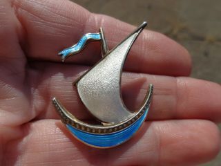Vintage Ivar T Holth Norway Sterling Silver Enamel Guilloche Sail Boat Pin