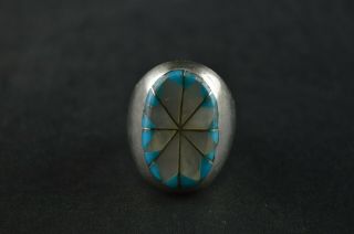 Vintage Sterling Silver Dome Ring W Turquoise & White Floral Stone Inlay - 22g