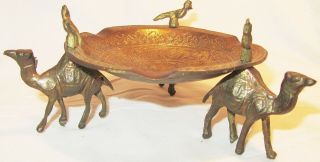 Vintage Antique Solid Brass Ornated Birds And Camel Figurines Cigar Ashtray