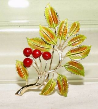 Vintage Signed Exquisite Red Cherry Tree Brooch Large 7cm X 5cm Vgc