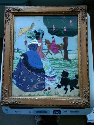 Vintage Embroidered Applique Crinoline Lady Ladies Poodle Dog Horse Panel 30s