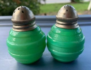 Vintage Little Round Barrel Shaped Jadeite? Green Salt & Pepper Shakers