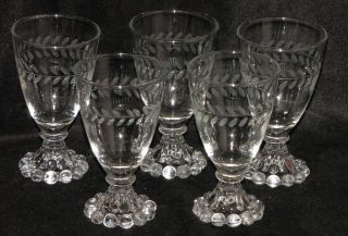 Vintage Set (5) Anchor Hocking Clear Etched Boopie Wine Goblets Ball Foot