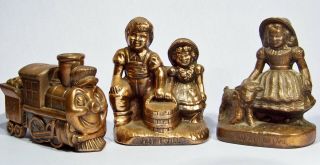 Three Vintage 1940s Nursery Rhyme Characters Bronzed Metal Still Banks Figurines