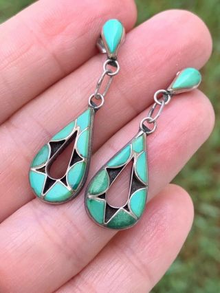 Vtg Native American Sterling Silver Turquoise Dangle Earrings