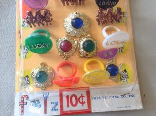Vtg Folz Vending Love Themed Ring Lucky Rings Monkey Pins Rooster Peacock Charms 3