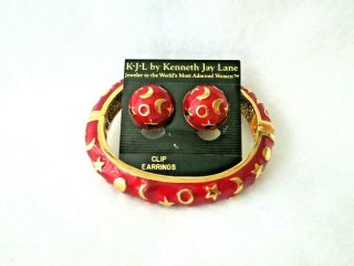 Kenneth J Lang Vintage Bracelet Earrings Gold Moon & Stars Red Enamel Clamper