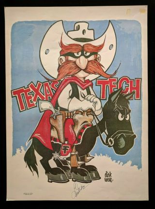 Vintage 1972 Texas Tech Red Raiders Poster Dirk West Cartoon Mascot Football Swc