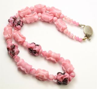 Vintage Mid Century Czech Molded Pink & Black Art Glass Bead Collar Necklace 18 "