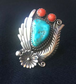 Vintage Navajo Old Pawn Red Coral & Turquoise Ring Signed Size 5.  75
