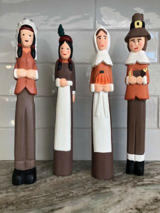 Vtg Thanksgiving Painted Wooden Pilgrims & Native American Couples • 99