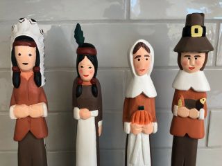 VTG Thanksgiving Painted Wooden Pilgrims & Native American Couples • 99 2
