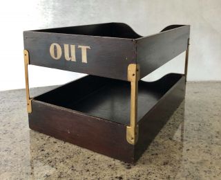 Vintage Mid - Century Retro Wooden Double Tray In Out Desk Organizer Letter Box
