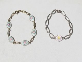 Set Of 2 Vintage Sterling & Enamel Guilloche Child Bracelets,  Flower Design