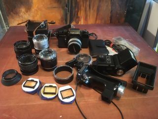 Vintage Topcon Dm Slr Camera With Lenses And Other Gear