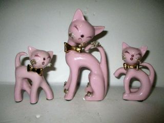 Vintage Set Of 3 Pink Porcelain Dresden Pussy Kitty Cats W/gold Bows