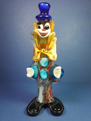 Vintage Murano Art Glass Clown With Blue Hat - 9 " Tall And With Label